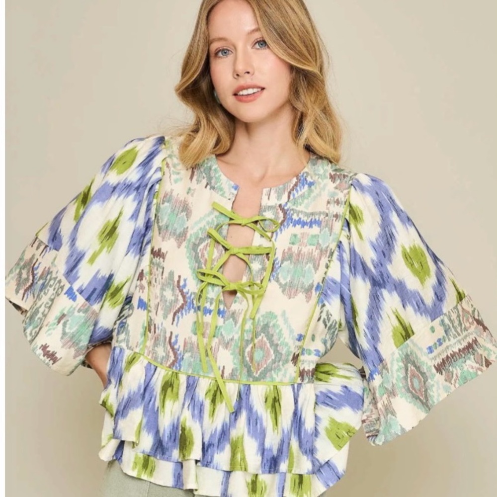 NWT Umgee Ikat Print Blouse - Blue and Green